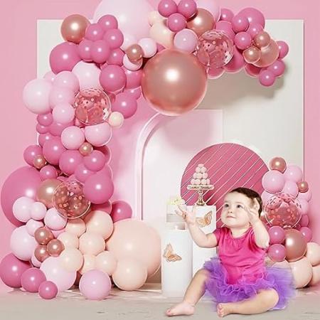 Pink Balloons Arch Kit, Garland Arch- Pink Balloons, Rose Gold Balloons and Confetti Balloon,Balloon Garland for Birthday Decorations, Baby Shower, Bridal Shower, Princess Theme Party Background