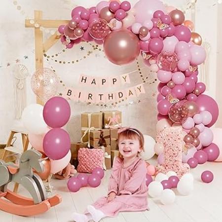 Pink Balloons Arch Kit, Garland Arch- Pink Balloons, Rose Gold Balloons and Confetti Balloon,Balloon Garland for Birthday Decorations, Baby Shower, Bridal Shower, Princess Theme Party Background