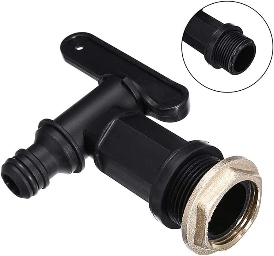 thumbnail interactive-video image 1 of B2C Water Butt Tap Kit - 3/4" (26mm) Garden Hose Outlet Valve With Adaptor & Connector - Black ABS Plastic, Easy Install 1 of 2